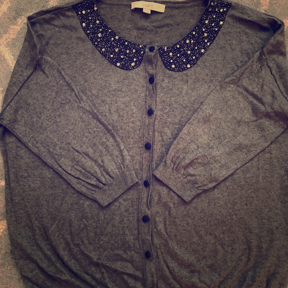 Gray Loft Cardigan Sweater, Embellished Neckline